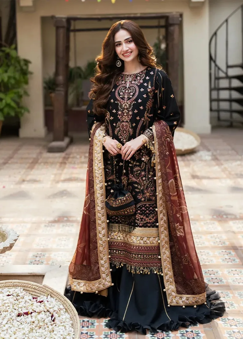 Black Sequin Embroidered Khaddi Net 3-Piece Festive Collection - image 1