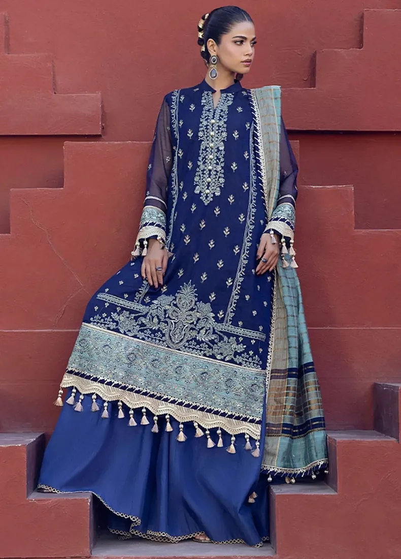 Navy Blue Embroidered Khaddi Net 3-Piece Festive Collection - image 3