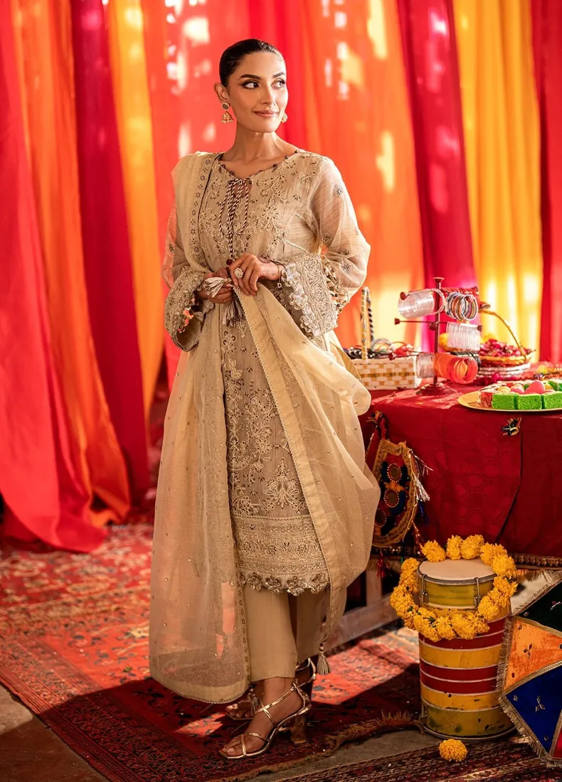 Beige Gold Embroidered Khaddi Net 3-Piece Festive Collection - image 1