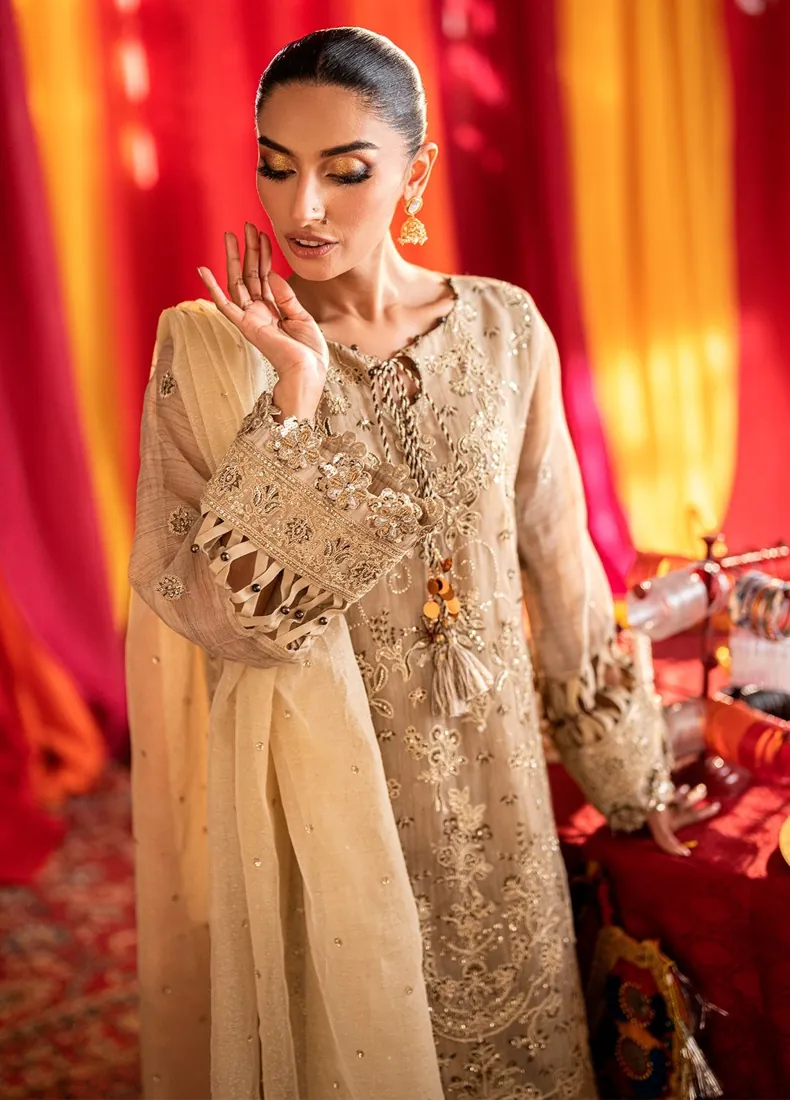 Beige Gold Embroidered Khaddi Net 3-Piece Festive Collection - image 2