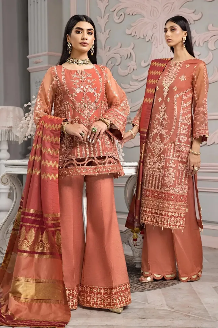Rust Orange Embroidered Organza 3-Piece Festive Collection - image 1