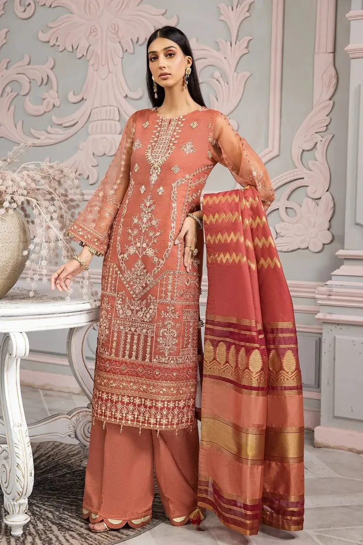 Rust Orange Embroidered Organza 3-Piece Festive Collection - image 2