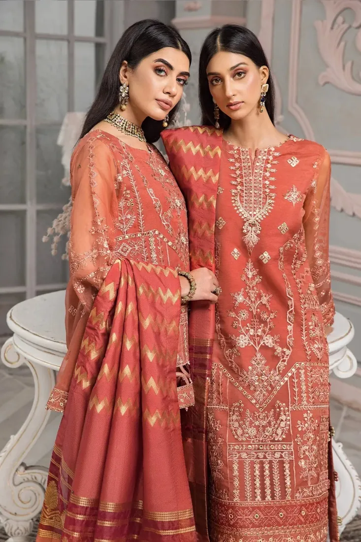 Rust Orange Embroidered Organza 3-Piece Festive Collection - image 3