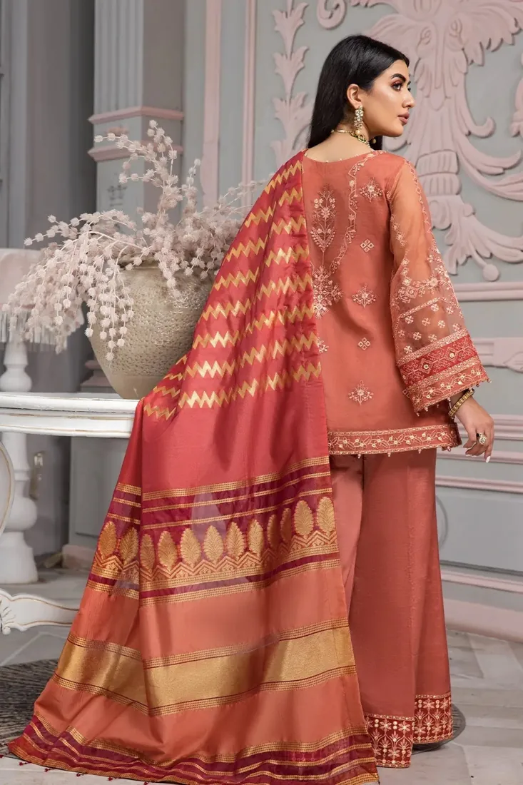 Rust Orange Embroidered Organza 3-Piece Festive Collection - image 4