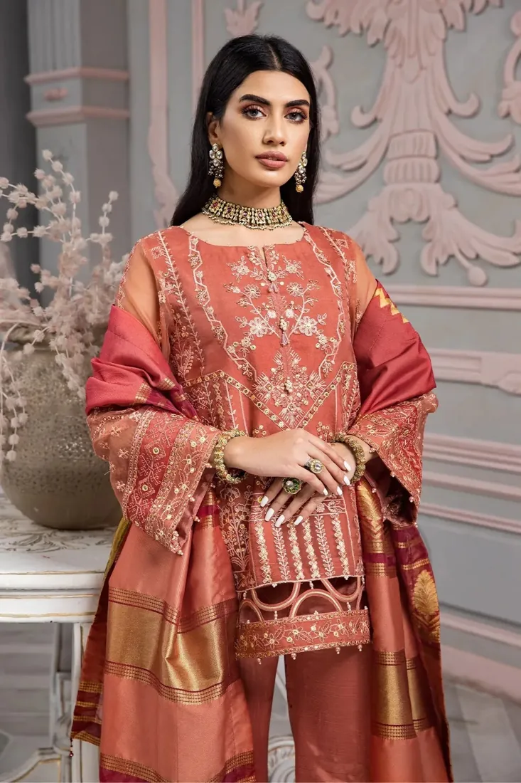 Rust Orange Embroidered Organza 3-Piece Festive Collection - image 5