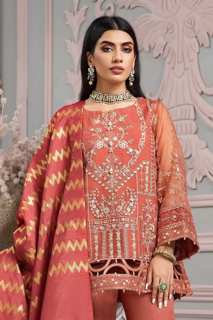 Rust Orange Embroidered Organza 3-Piece Festive Collection - image 6