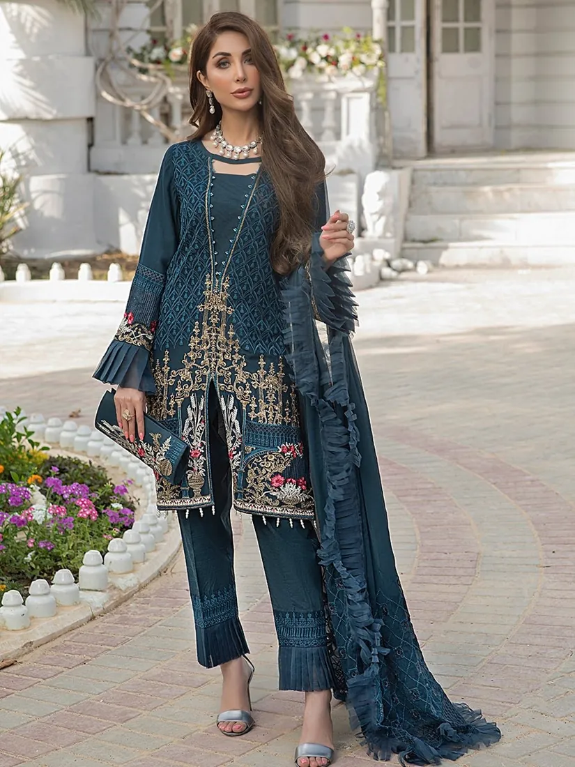 Azure Blue Embroidered Chiffon 3-Piece Festive Collection - image 1