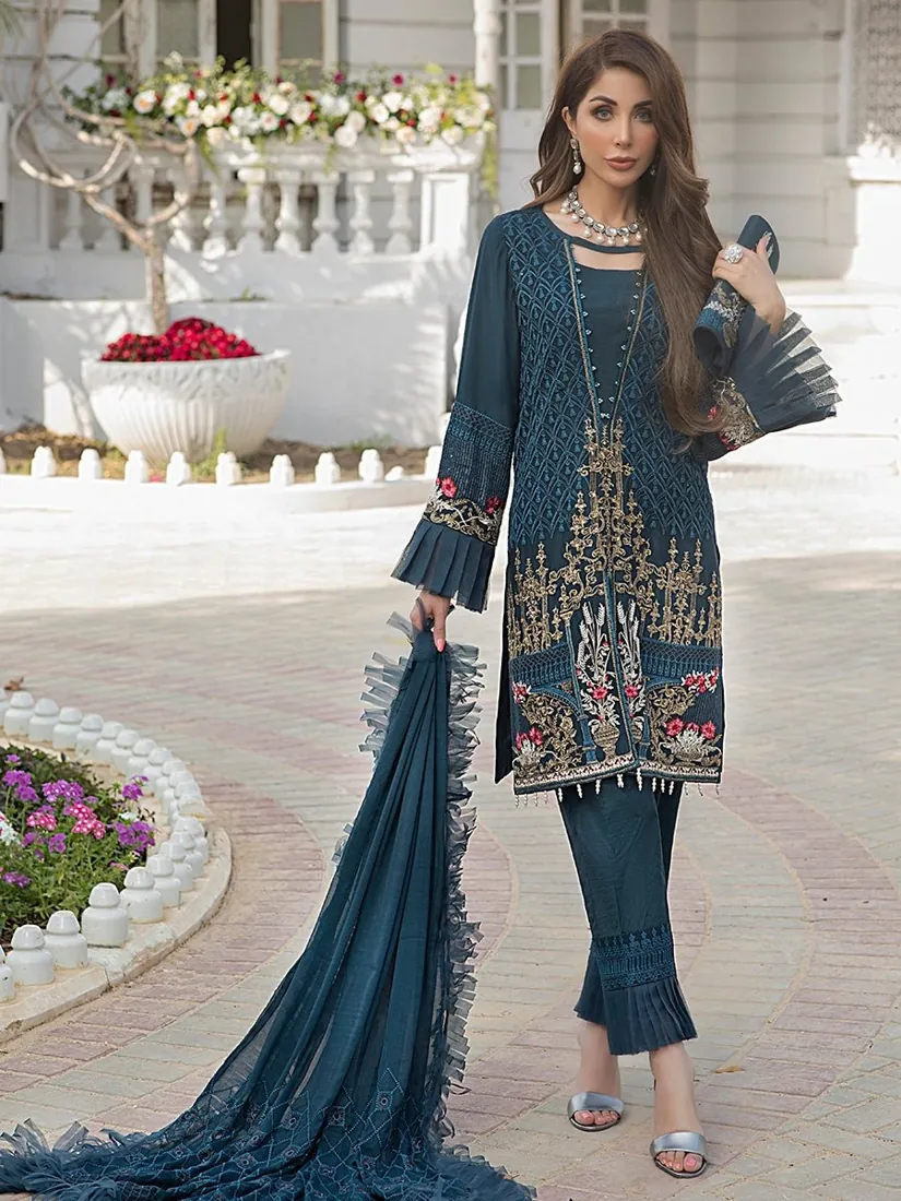 Azure Blue Embroidered Chiffon 3-Piece Festive Collection - image 2