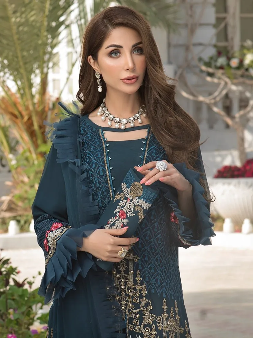 Azure Blue Embroidered Chiffon 3-Piece Festive Collection - image 4