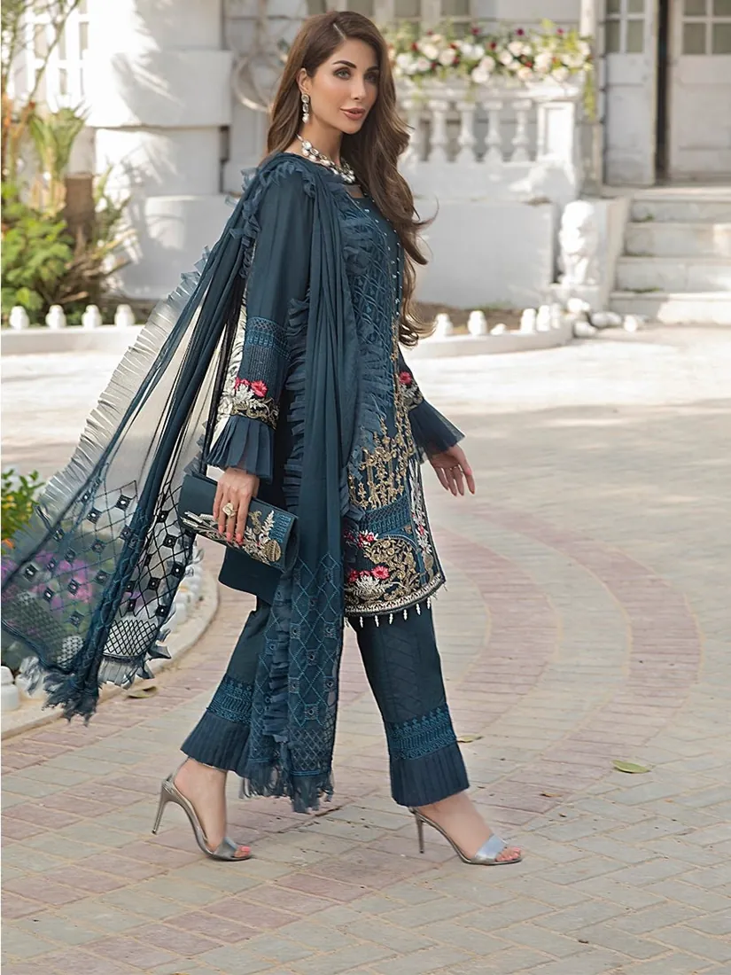 Azure Blue Embroidered Chiffon 3-Piece Festive Collection - image 5