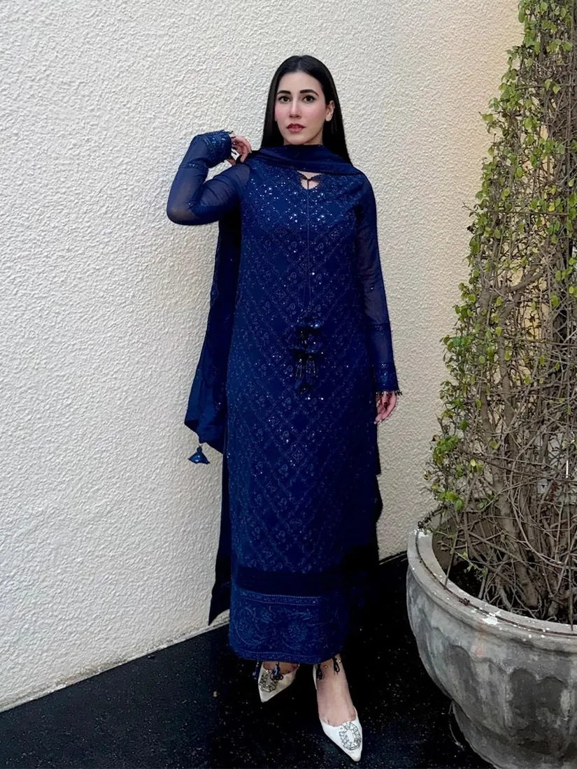 Royal Blue Embroidered Chiffon 3-Piece Festive Collection - image 1
