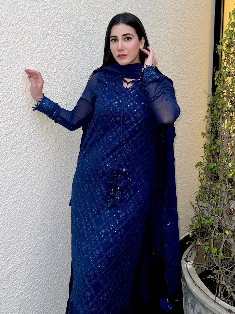 Royal Blue Embroidered Chiffon 3-Piece Festive Collection - image 2