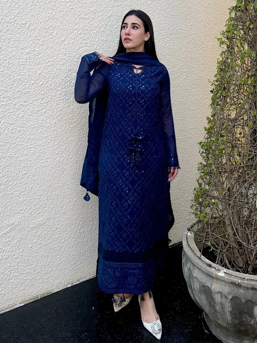 Royal Blue Embroidered Chiffon 3-Piece Festive Collection - image 3