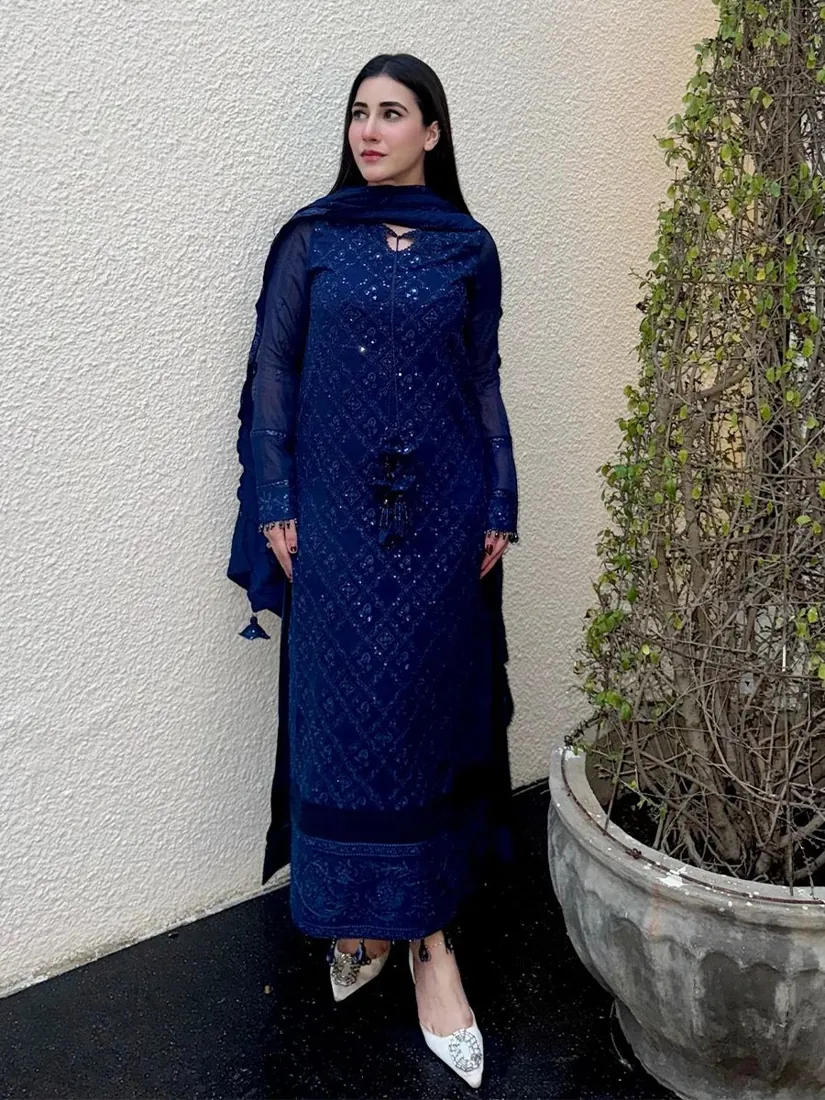 Royal Blue Embroidered Chiffon 3-Piece Festive Collection - image 4