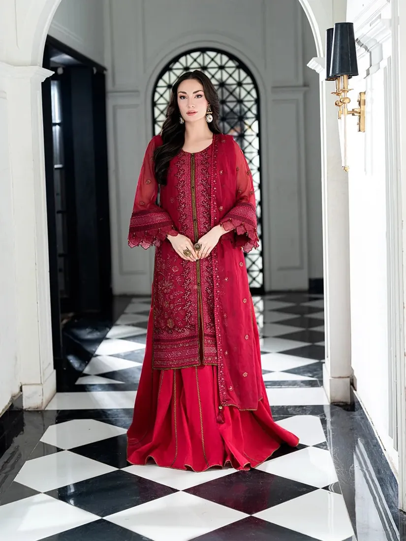 Red Embroidered Chiffon 3-Piece Festive Collection - image 1