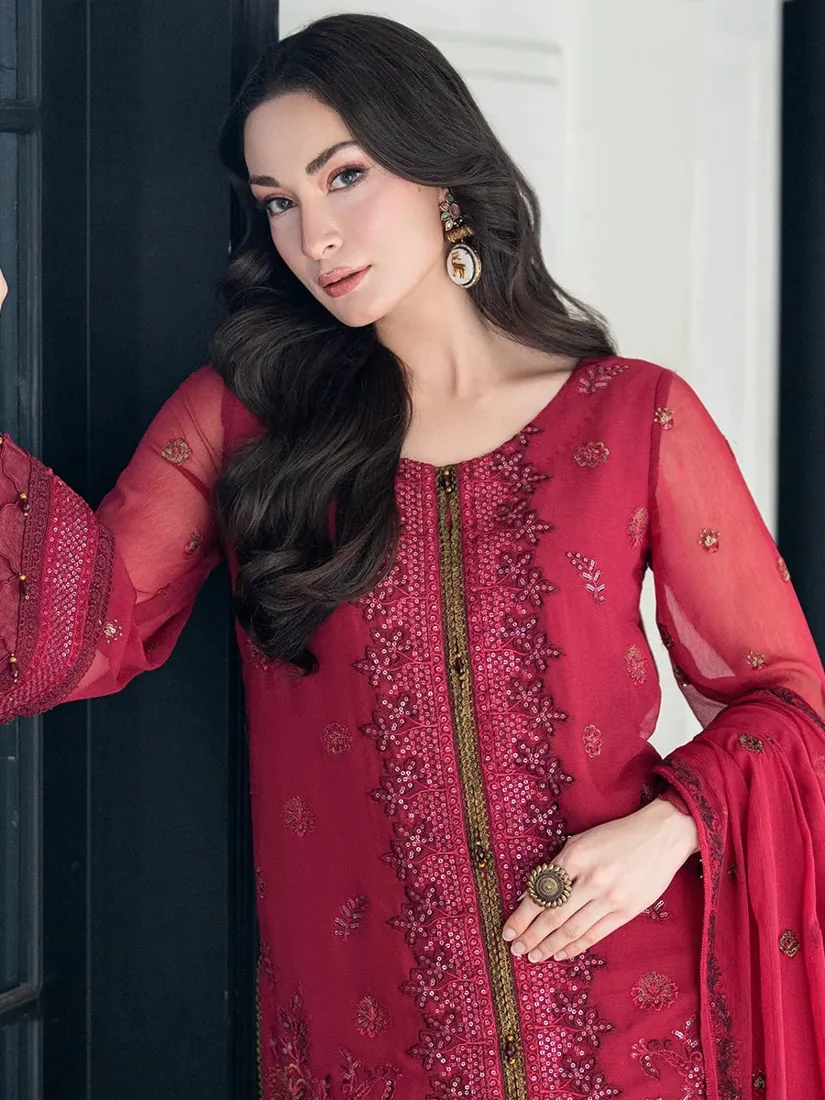 Red Embroidered Chiffon 3-Piece Festive Collection - image 4
