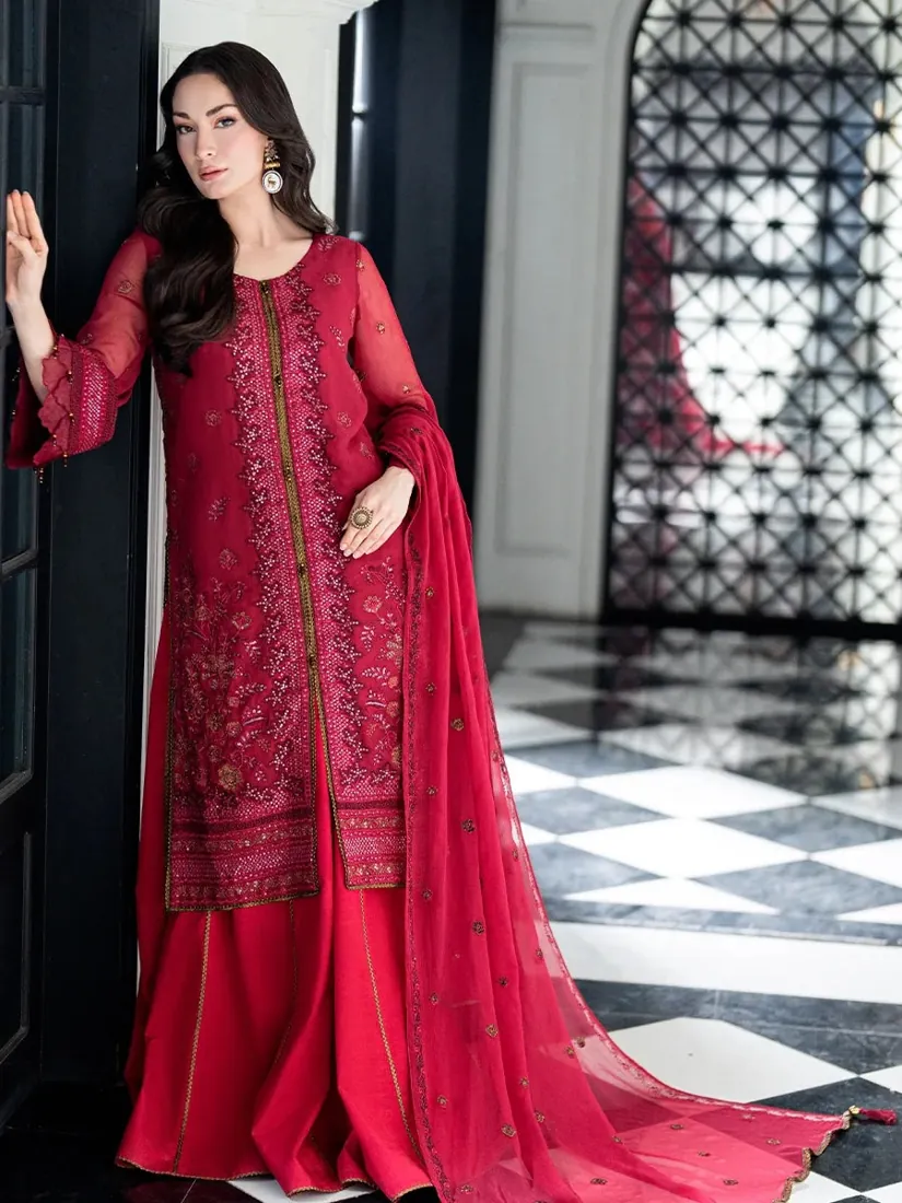 Red Embroidered Chiffon 3-Piece Festive Collection - image 5