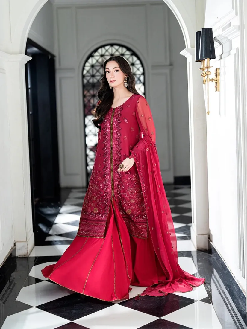 Red Embroidered Chiffon 3-Piece Festive Collection - image 6