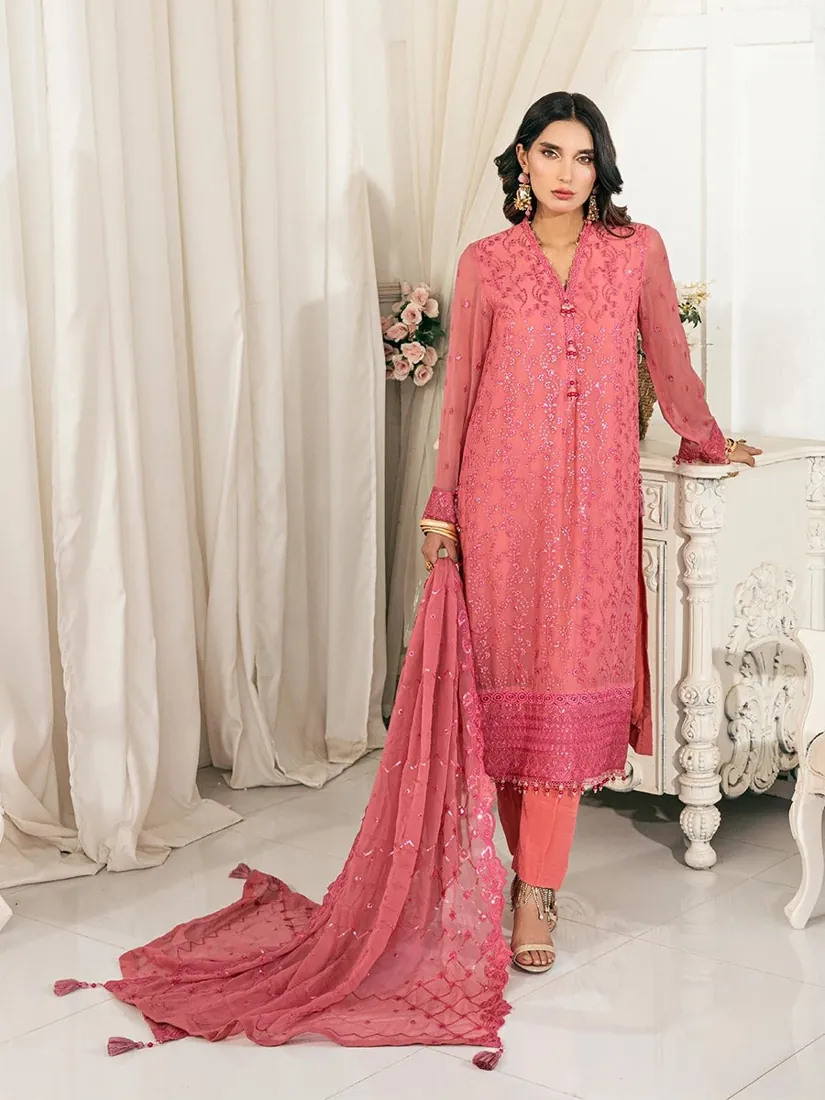 Coral Pink Embroidered Chiffon 3-Piece Festive Collection - image 1