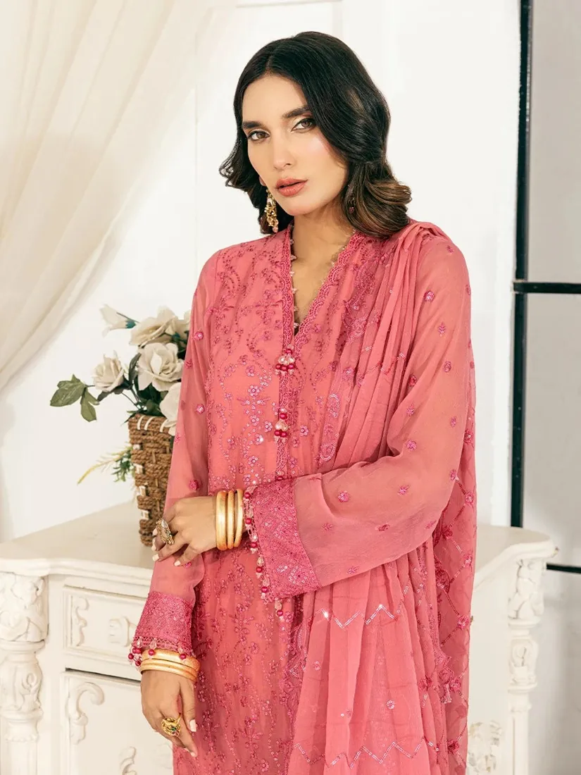 Coral Pink Embroidered Chiffon 3-Piece Festive Collection - image 2