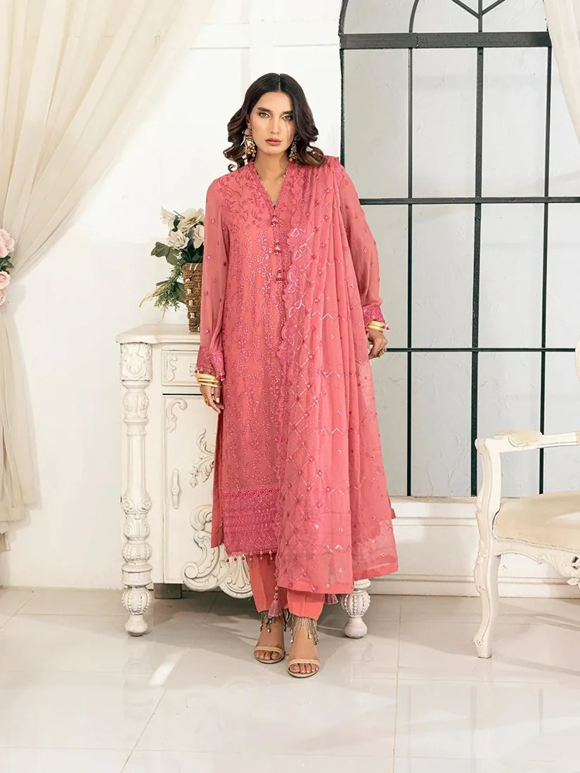 Coral Pink Embroidered Chiffon 3-Piece Festive Collection - image 3