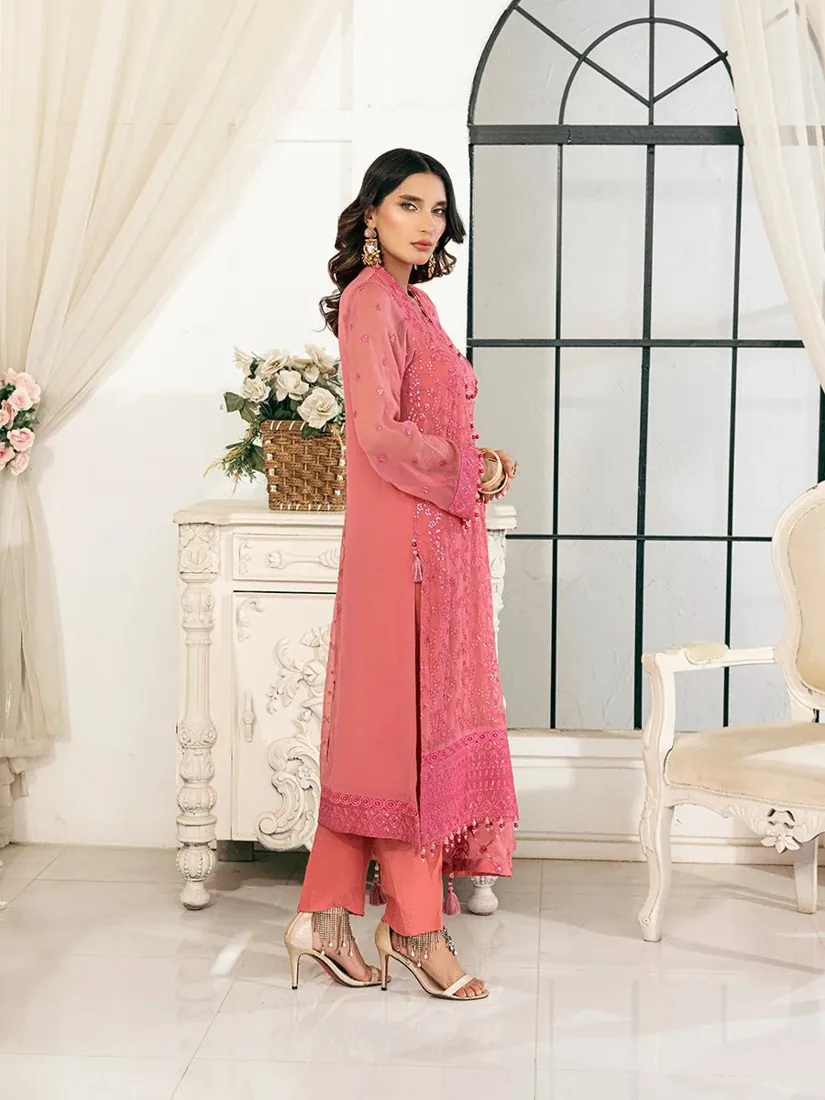 Coral Pink Embroidered Chiffon 3-Piece Festive Collection - image 4