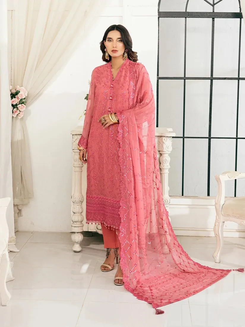 Coral Pink Embroidered Chiffon 3-Piece Festive Collection - image 5