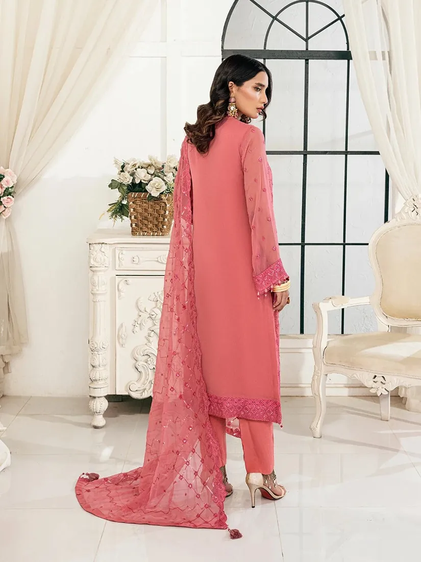 Coral Pink Embroidered Chiffon 3-Piece Festive Collection - image 6