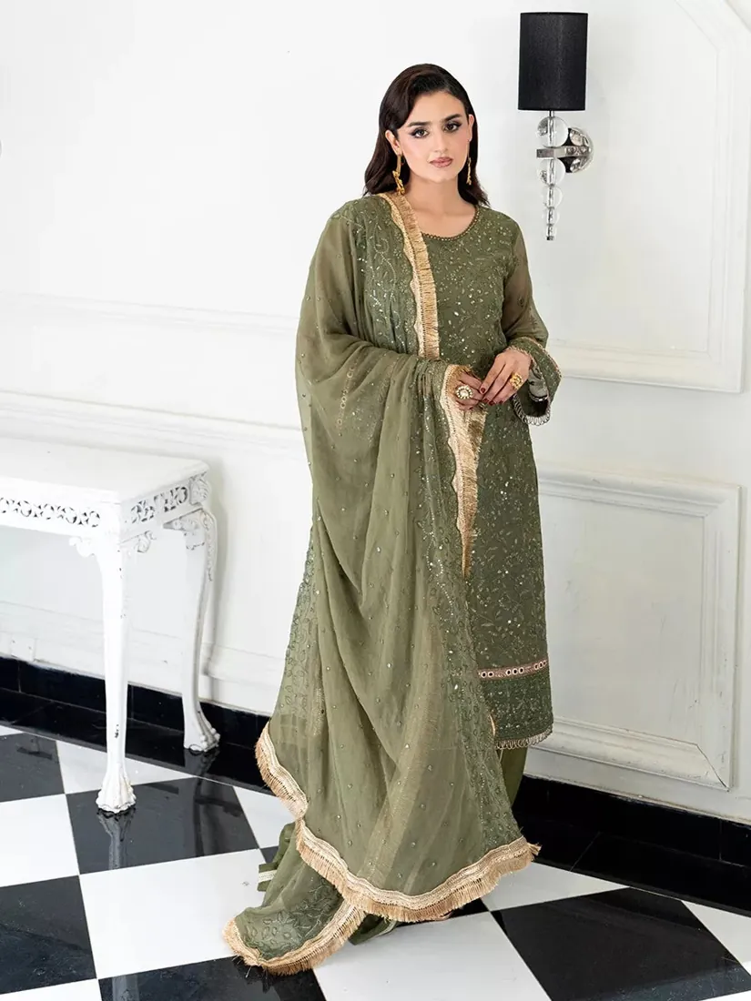 Olive Green Embroidered Chiffon 3-Piece Festive Collection - image 1