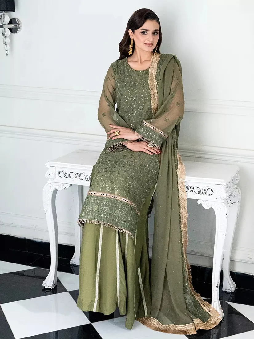 Olive Green Embroidered Chiffon 3-Piece Festive Collection - image 3