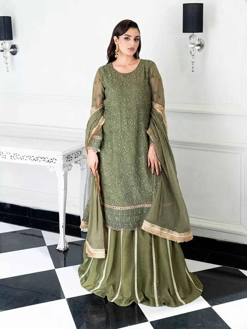 Olive Green Embroidered Chiffon 3-Piece Festive Collection - image 4
