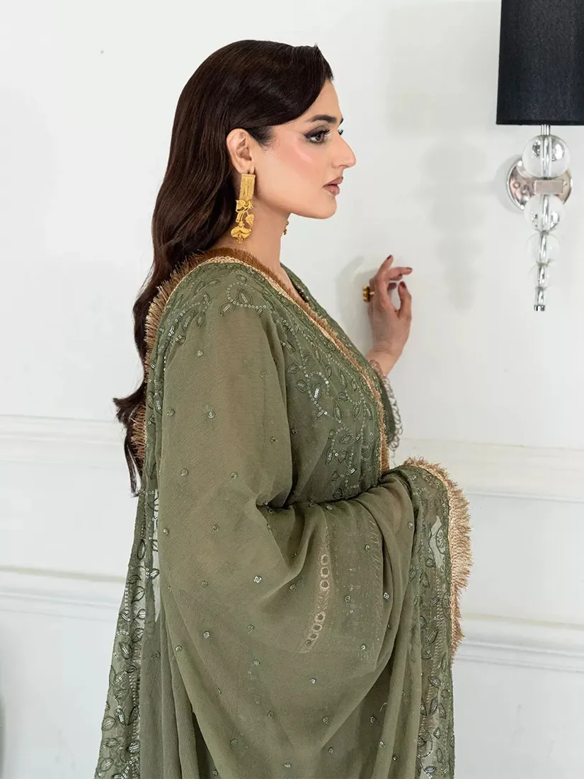 Olive Green Embroidered Chiffon 3-Piece Festive Collection - image 5