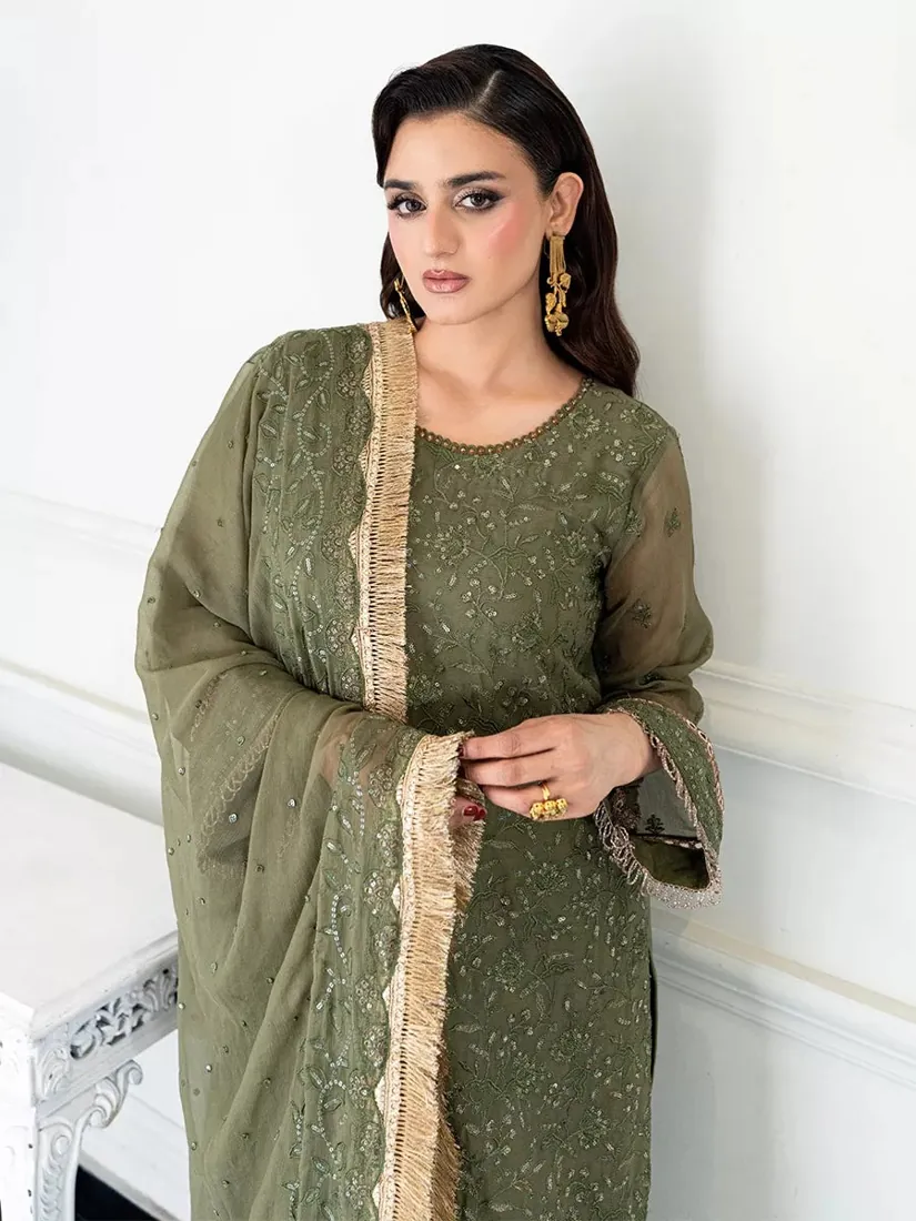 Olive Green Embroidered Chiffon 3-Piece Festive Collection - image 6