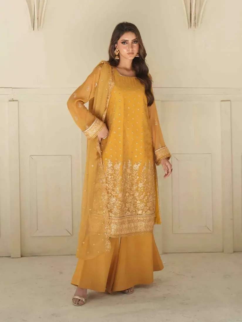 Mustard Yellow Embroidered Chiffon 3-Piece Festive Collection - image 1