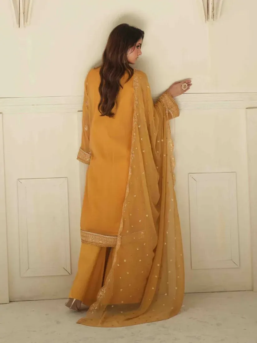 Mustard Yellow Embroidered Chiffon 3-Piece Festive Collection - image 2