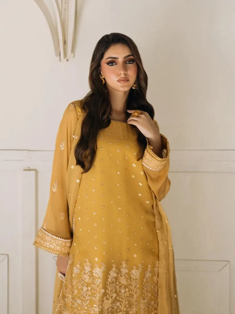 Mustard Yellow Embroidered Chiffon 3-Piece Festive Collection - image 3