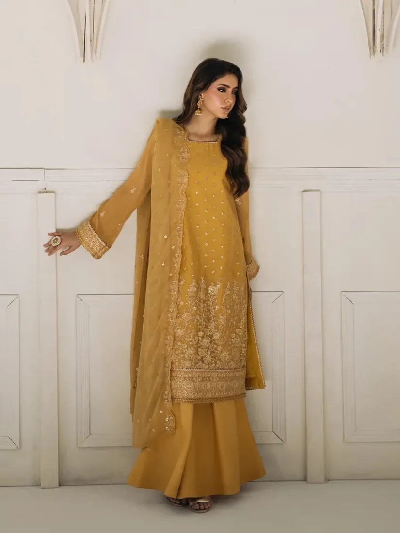 Mustard Yellow Embroidered Chiffon 3-Piece Festive Collection - image 4