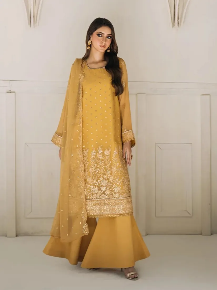 Mustard Yellow Embroidered Chiffon 3-Piece Festive Collection - image 5