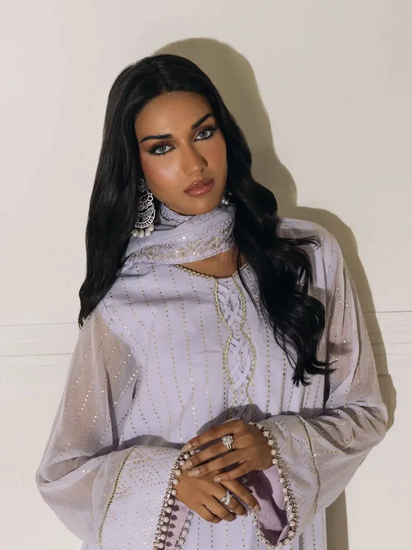 Light Purple Embroidered Printed Chiffon 3-Piece Festive Collection - image 3
