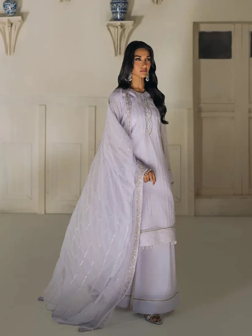 Light Purple Embroidered Printed Chiffon 3-Piece Festive Collection - image 4