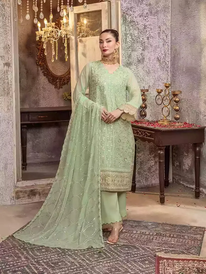 Light Pistachio Embroidered Chiffon 3-Piece Festive Collection - image 1