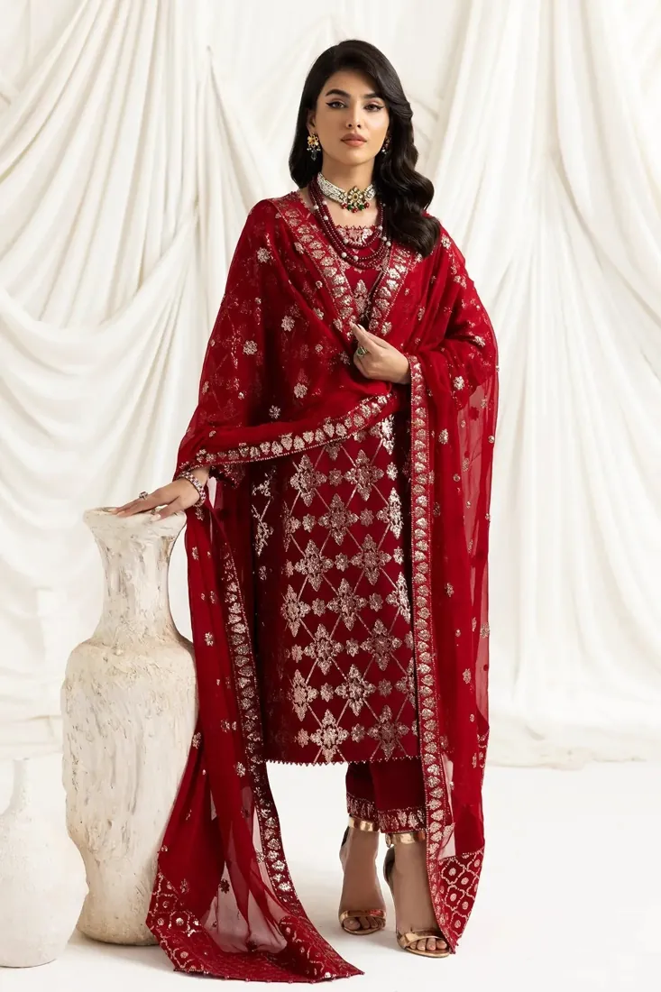 Red Embroidered Chiffon 3-Piece Festive Collection with Embroidered Dupatta - image 1
