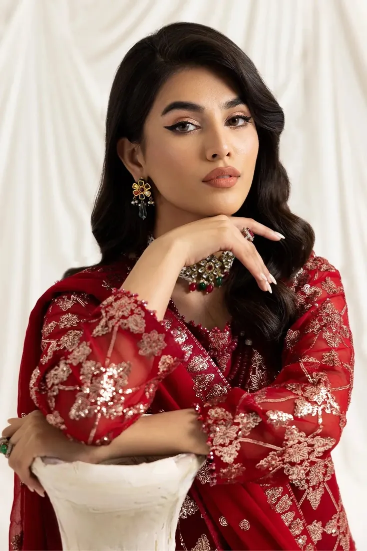 Red Embroidered Chiffon 3-Piece Festive Collection with Embroidered Dupatta - image 3