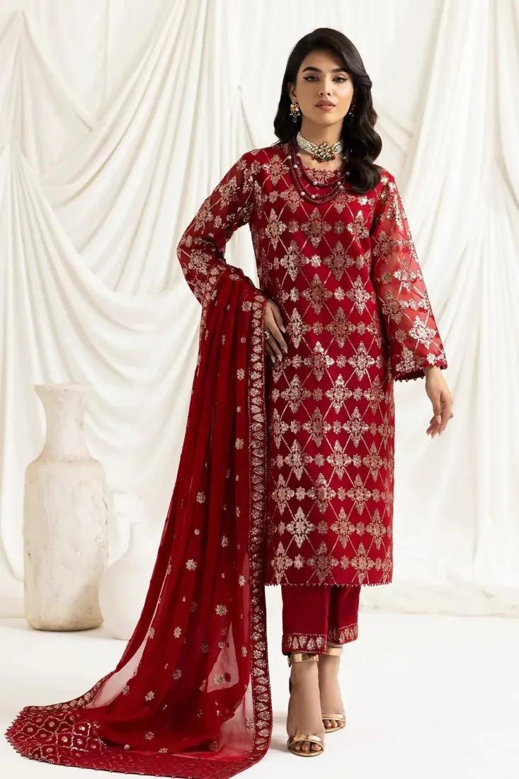 Red Embroidered Chiffon 3-Piece Festive Collection with Embroidered Dupatta - image 4