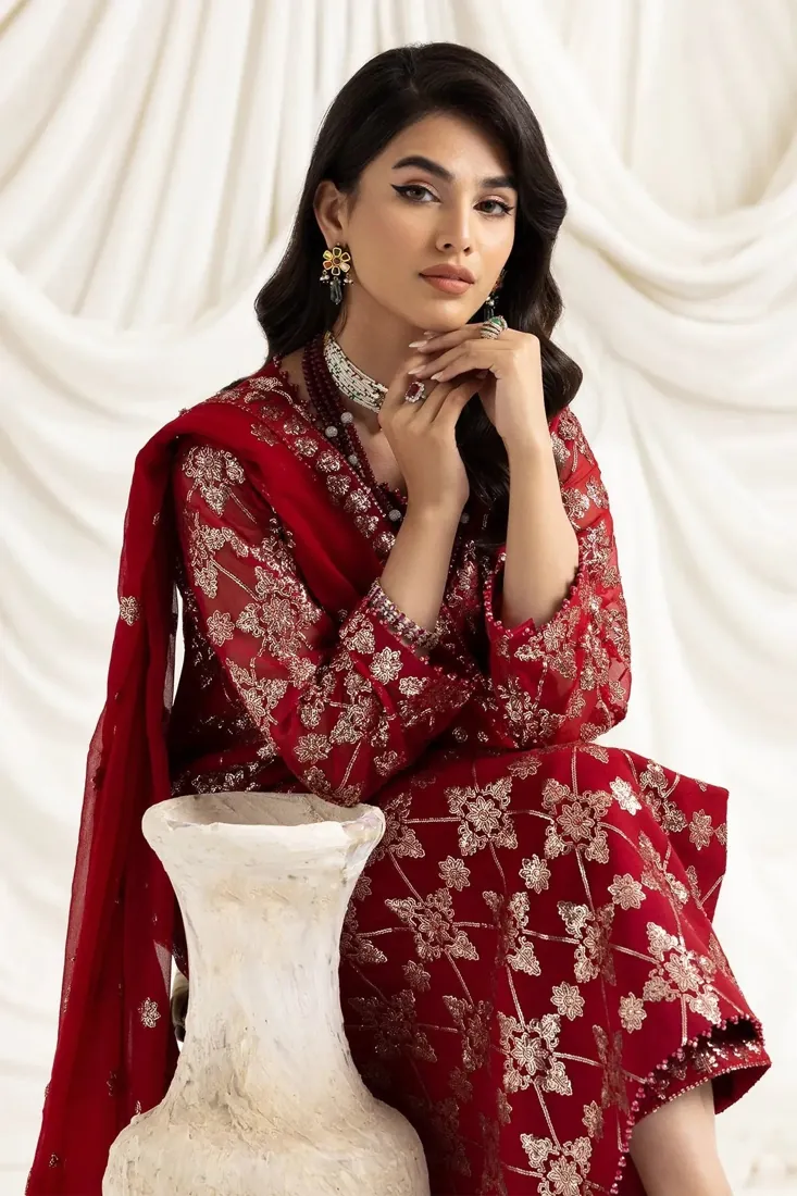 Red Embroidered Chiffon 3-Piece Festive Collection with Embroidered Dupatta - image 5
