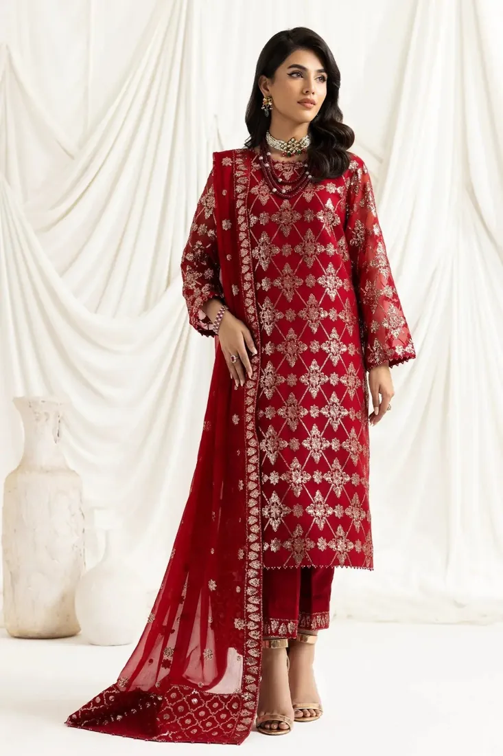 Red Embroidered Chiffon 3-Piece Festive Collection with Embroidered Dupatta - image 6