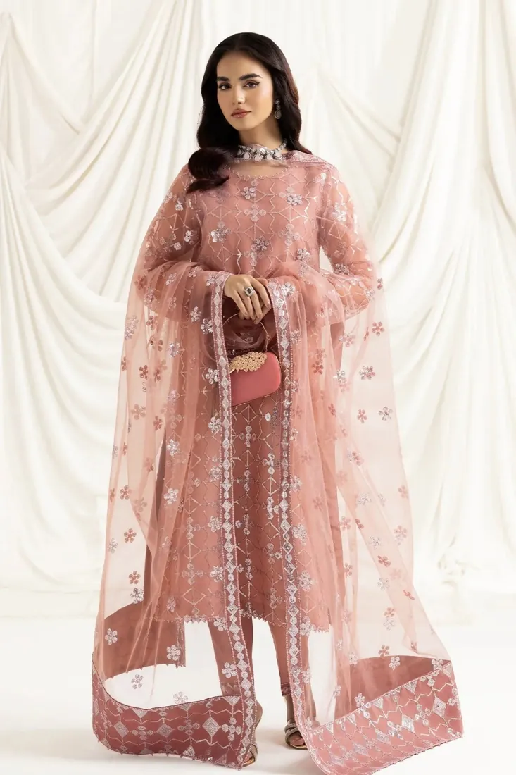 Pink Embroidered Net 3-Piece Festive Collection - image 1