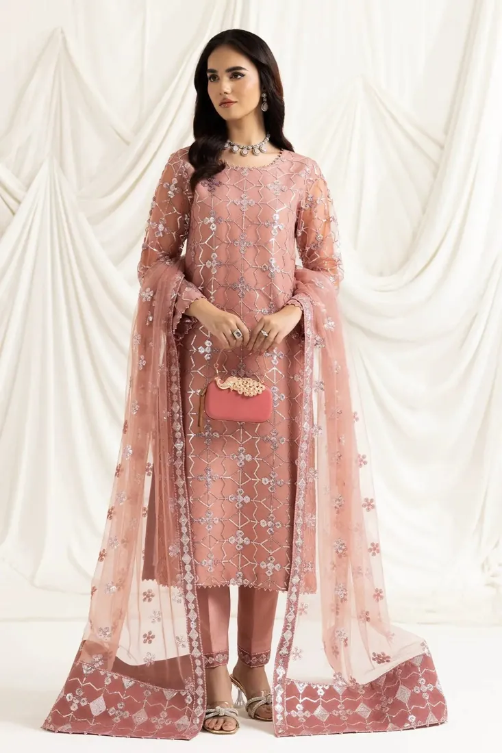 Pink Embroidered Net 3-Piece Festive Collection - image 4