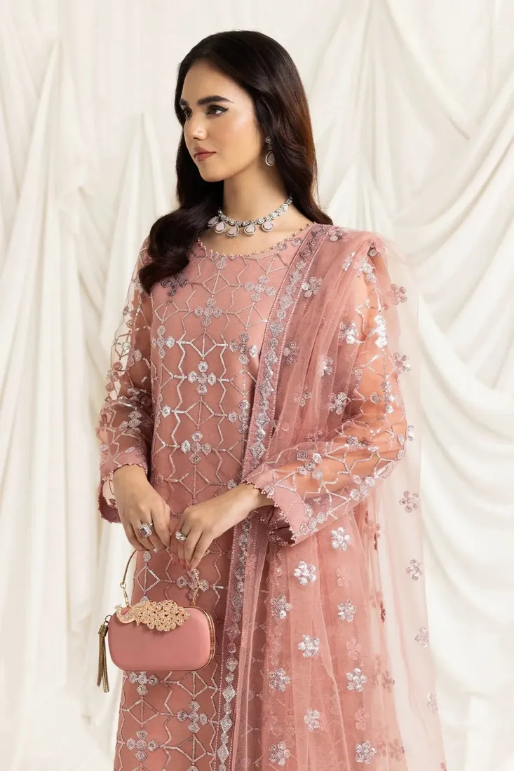 Pink Embroidered Net 3-Piece Festive Collection - image 5