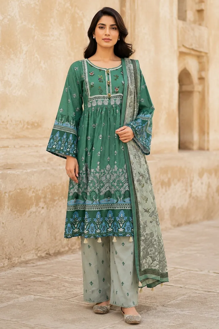 Green Printed Lawn 3-Piece Suit - image 1